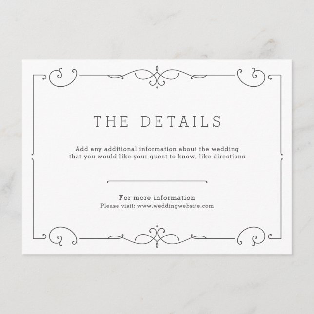 Elegante tarjeta clásica de detalles boda (Anverso)
