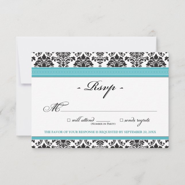 Elegante tarjeta Damask RSVP (aqua) (Anverso)