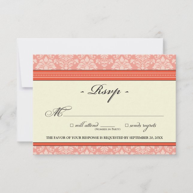 Elegante tarjeta Damask RSVP (coral) (Anverso)