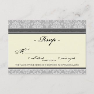 Elegante tarjeta Damask RSVP (plata/crema)