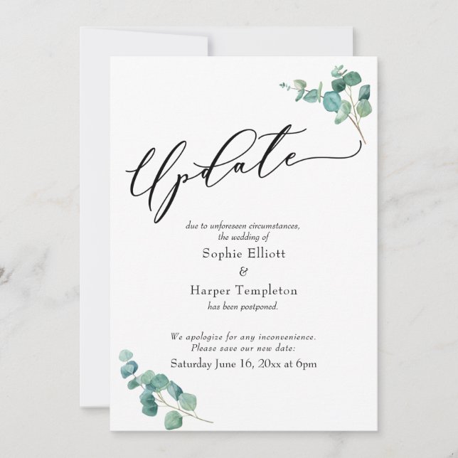 Elegante tarjeta de actualización de Boda pospuest (Anverso)