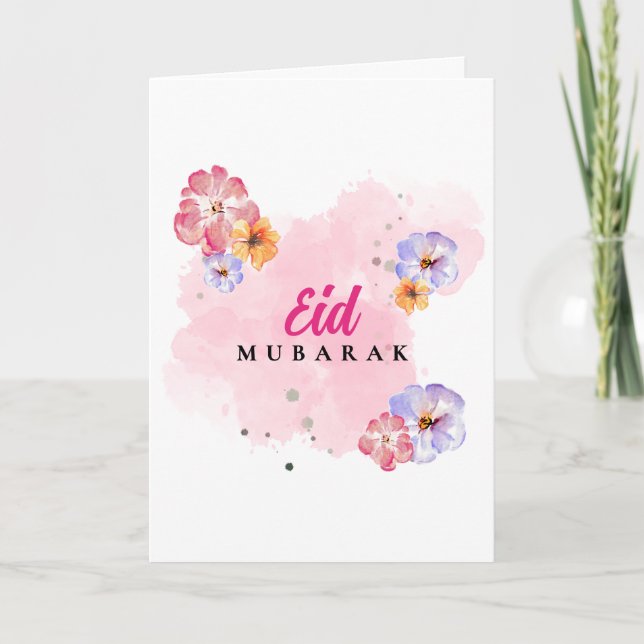 Elegante tarjeta de acuarela floral de Eid Mubarak (Anverso)