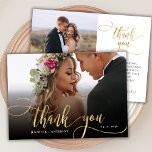 Elegante Tarjeta de agradecimiento a Boda de imáge<br><div class="desc">Moderno Boho Elegante Moda Gold Caligraphy Boda 2 Foto Tarjeta De agradecimiento. Elegante boda de agradecimiento plantilla que incluye una foto vertical completa en el frente con el texto "Gracias" en un caprichoso guion de tipografía con letras a mano rápida swash tamaño tamaño de letra Relieve metalizado de oro FAUX...</div>