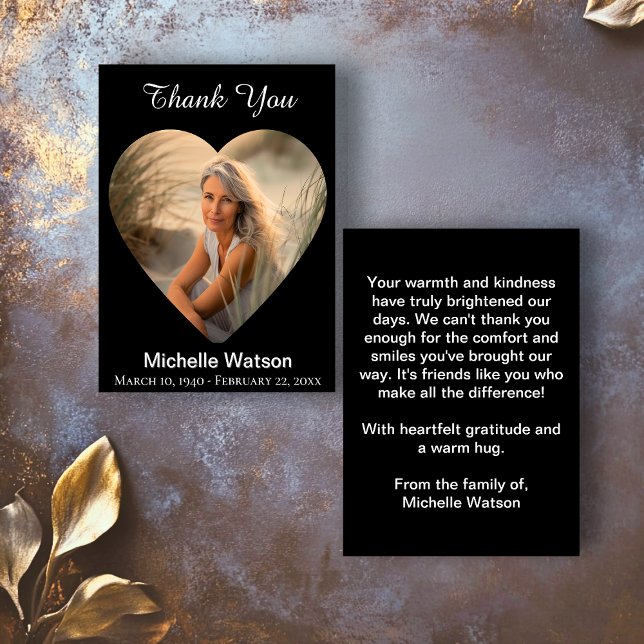 Elegante tarjeta de agradecimiento a la foto del C (Elegant Funeral Heart Photo Thank You Card)