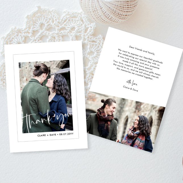 Elegante tarjeta de agradecimiento a los Bodas bla (Simple and Elegant White Wedding Photo Thank You Card)
