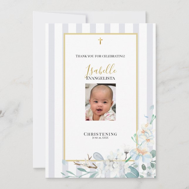 Elegante tarjeta de agradecimiento de bautizo con  (Anverso)