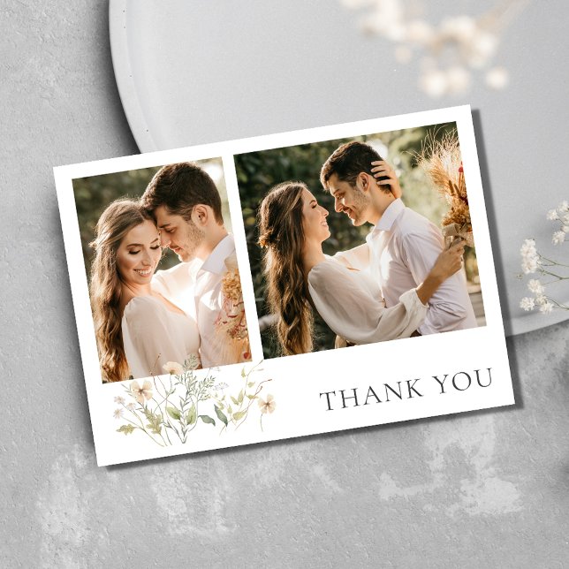 Elegante tarjeta de agradecimiento de boda con dos (Elegant Wildflower Two Photo Wedding Thank You)