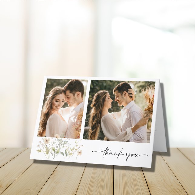 Elegante Tarjeta de Agradecimiento de Boda con Dos (Elegant Wildflower Two Photo Wedding Thank You)
