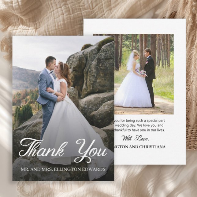 Elegante Tarjeta de Agradecimiento de Boda con Esc (Elegant script 2-photo (front and back) wedding Thank You card)