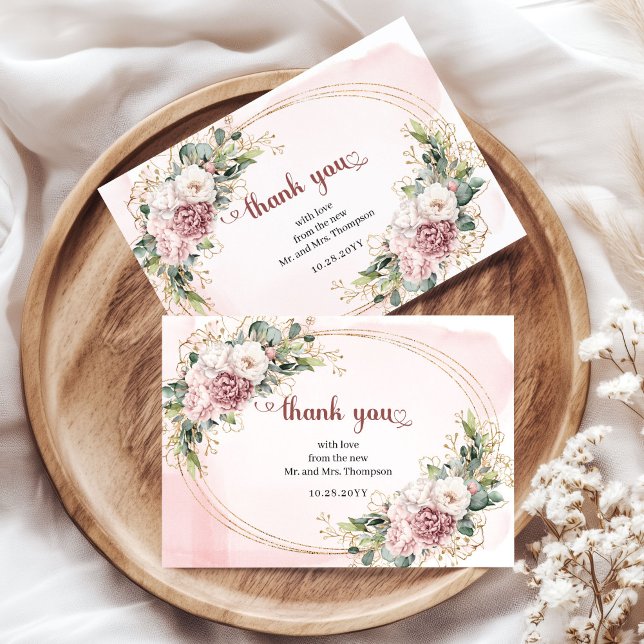 Elegante tarjeta de agradecimiento de boda con flo (Elegant Dusty Pink Floral Greenery Wedding Thank You Card

)