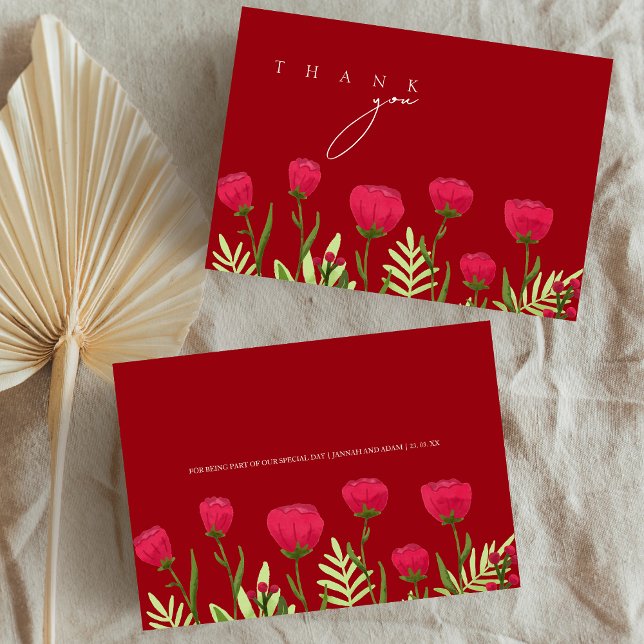 Elegante tarjeta de agradecimiento de boda con flo (Crimson Red Poppies Wildflowers Wedding Thank You Card)