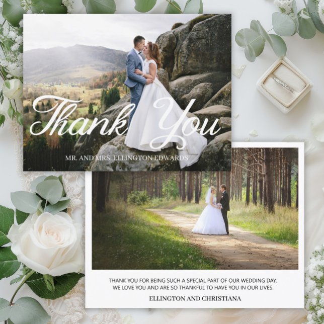 Elegante tarjeta de agradecimiento de boda con gui (Elegant calligraphy script, 2-photo wedding "Thank you" card)