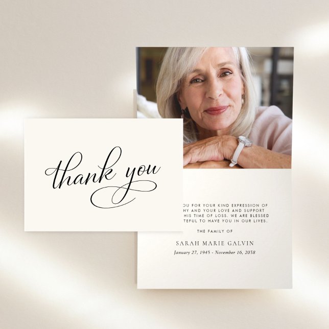 Elegante Tarjeta de Agradecimiento de Funeral con  (Elegant Funeral Memorial Photo Cream Thank You Card)