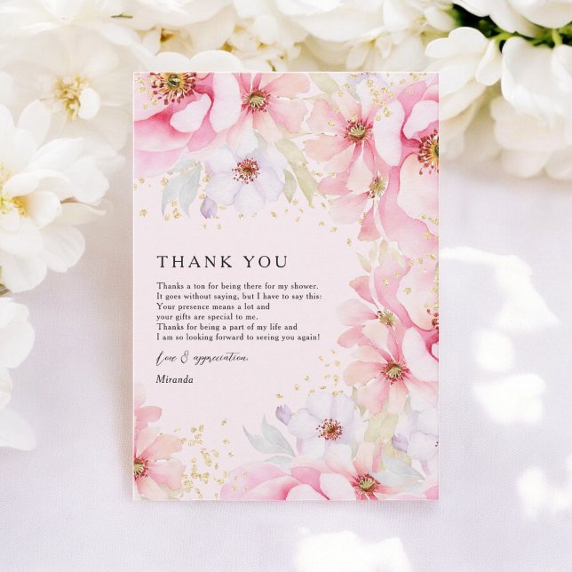 Elegante tarjeta de agradecimiento de lluvia de bo (Elegant Pink Watercolor Gold Floral Bridal Shower Thank You Card)