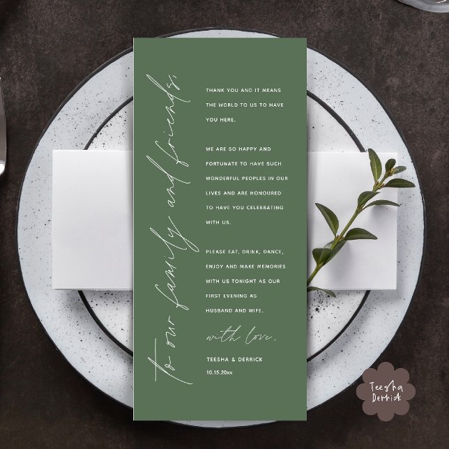 Elegante Tarjeta de agradecimiento de recepción de (Elegant Wedding Reception Thank You Card for Guest Dinner Dancing in Forest Sage Green)