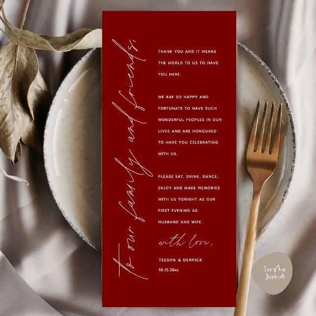 Elegante Tarjeta de agradecimiento de recepción de (Elegant Wedding Reception Thank You Card for Guest Dinner Dancing in Burgundy Wine Red)