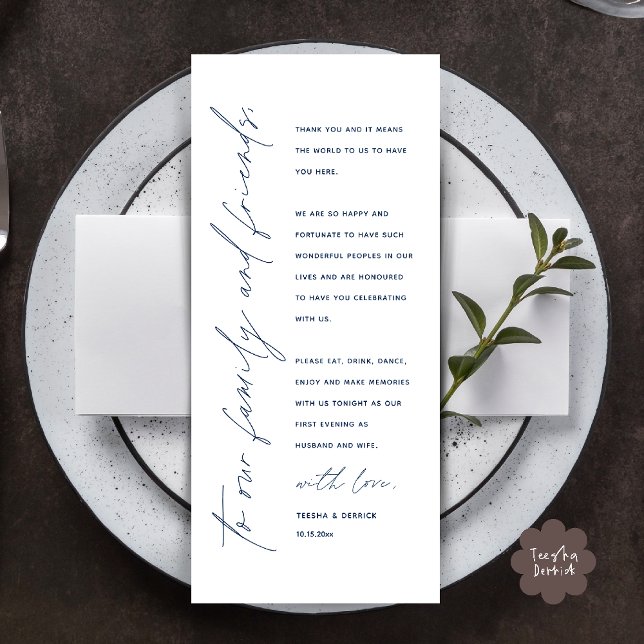 Elegante Tarjeta de agradecimiento de recepción de (Elegant Wedding Reception Thank You Card for Guest Dinner Dancing in Navy Blue)