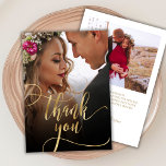 Elegante Tarjeta de agradecimiento para Boda de fo<br><div class="desc">Tarjeta de agradecimiento a Boda de fotografía Boho Moda Gold Caligraphy Script 2. Elegante boda de agradecimiento plantilla que incluye una foto vertical completa en la parte delantera con el texto "Gracias" en una tipografía con letras a mano agitada y caprichosa cruz guión de letra de letra falso Relieve metalizado...</div>