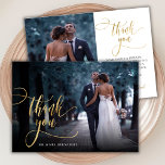 Elegante Tarjeta de agradecimiento para Boda de fo<br><div class="desc">Moderno Elegante Boho Moda Gold Caligraphy Boda 2 Foto Tarjeta De agradecimiento. Elegante plantilla de boda de agradecimiento con una foto vertical completa en la parte delantera con el texto "Gracias" en un caprichoso guion tipográfico con letras rápidas a mano sobre la imagen y una foto al revés (1) y...</div>