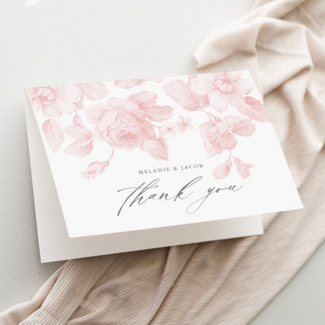 Elegante tarjeta de agradecimiento para ducha de n (Elegant floral pink roses bridal shower thank you card.)