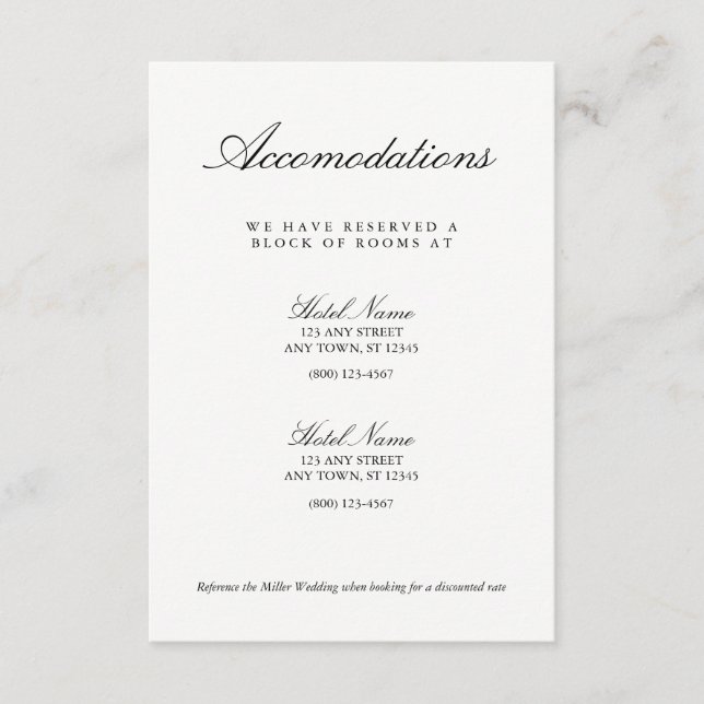 Elegante tarjeta de alojamiento Boda blanco negro (Anverso)