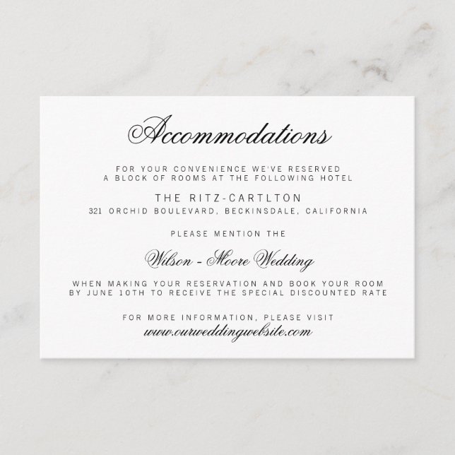 Elegante tarjeta de alojamiento Boda con guión ele (Anverso)