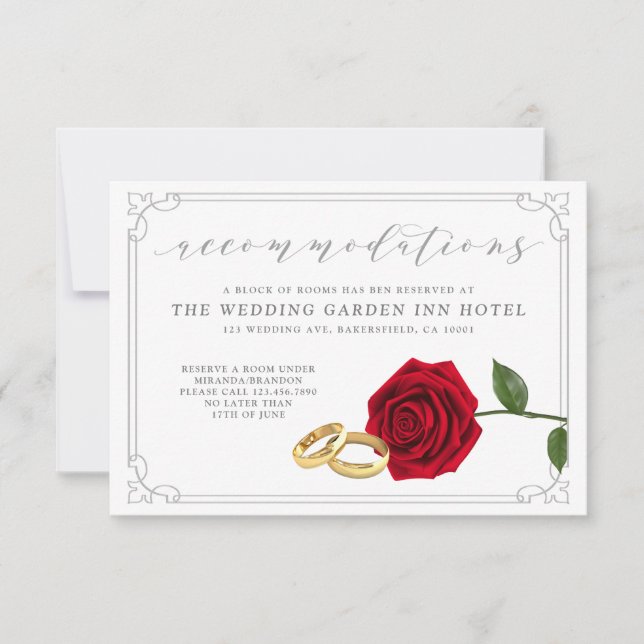 Elegante tarjeta de alojamiento Boda Red Rose Ring (Anverso)