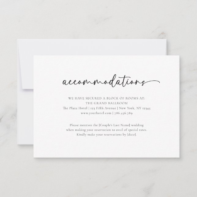 Elegante Tarjeta de Alojamiento Simple Boda (Anverso)