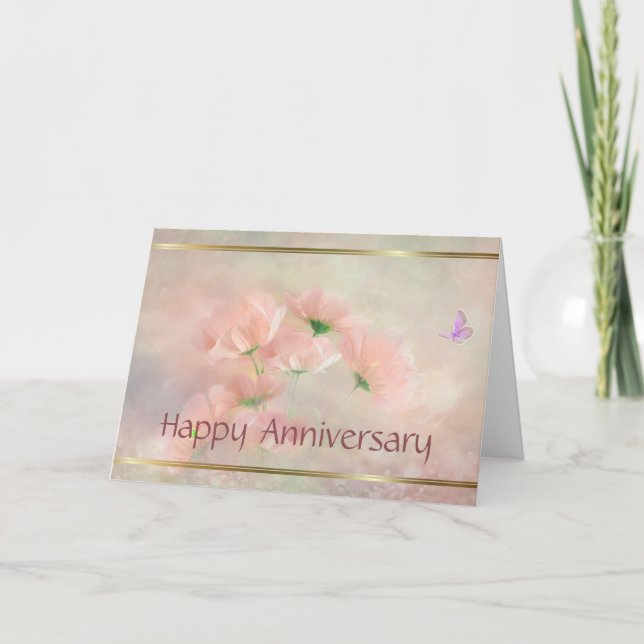 Elegante tarjeta de aniversario de floral rosa Rub (Anverso)