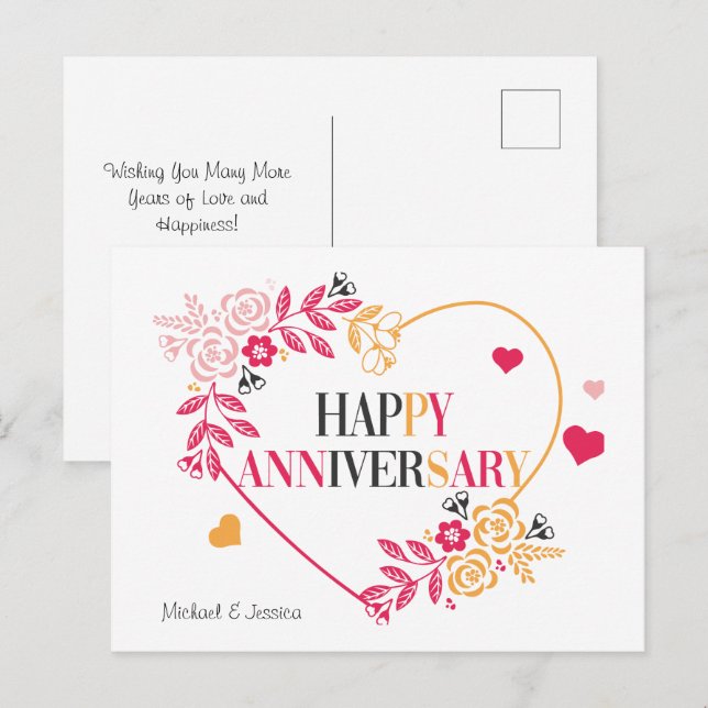 Elegante Tarjeta de Aniversario Feliz Floral (Anverso / Reverso)