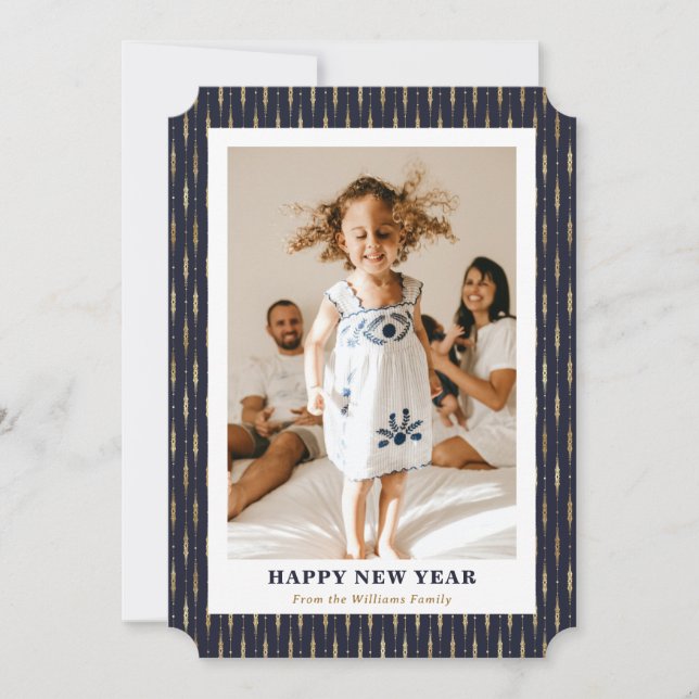 Elegante tarjeta de Año Nuevo con foto de oro azul (Anverso)