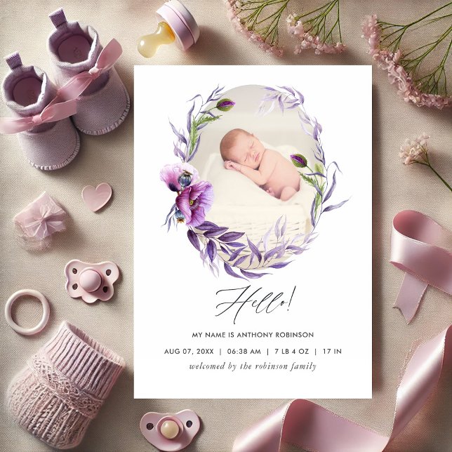 Elegante Tarjeta de Anuncio de Bebé con Floral de  (Elegant Purple Floral Photo Baby Announcement)