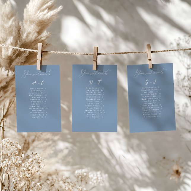 Elegante Tarjeta de asiento Alphabetical Blue Boda (Convenient and organized wedding seating chart with alphabetical name arrangement.)