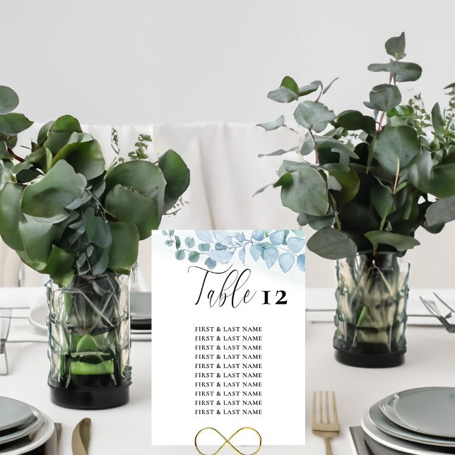 Elegante tarjeta de asiento de mesa de Eucaliptos  (Table Number and Guest Seating List from Dusty Eucalyptus wedding collection)