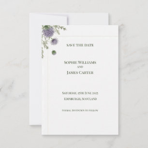 Elegante tarjeta de aviso de boda con cardo escocé