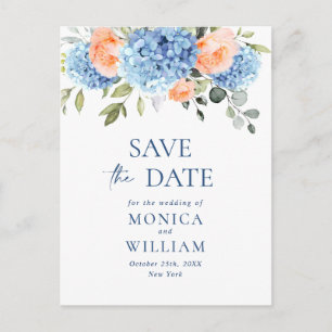 Elegante tarjeta de aviso de boda con hortensias a