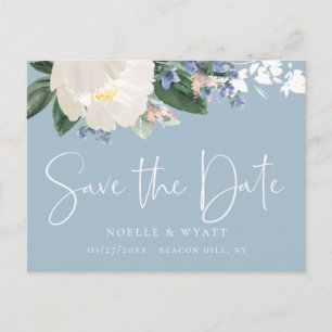 Elegante tarjeta de aviso de boda en azul claro co