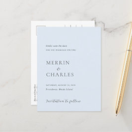 Elegante tarjeta de aviso de boda en azul polvo mo