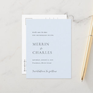 Elegante tarjeta de aviso de boda en azul polvo mo