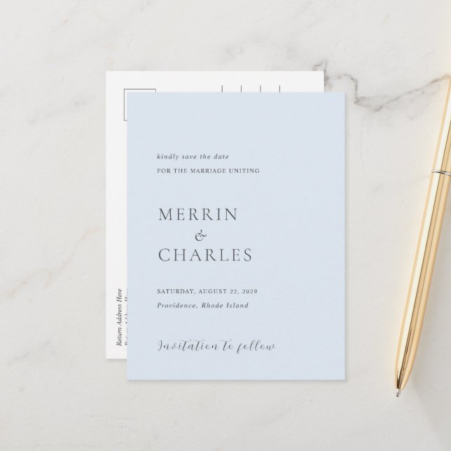 Elegante tarjeta de aviso de boda en azul polvo mo (Anverso/Reverso In Situ)