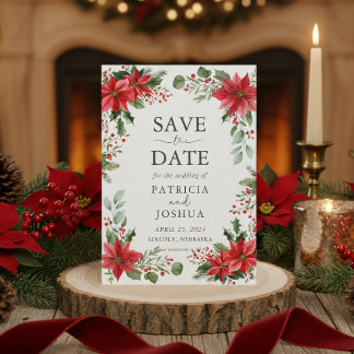 Elegante tarjeta de aviso de Navidad con poinsetti
