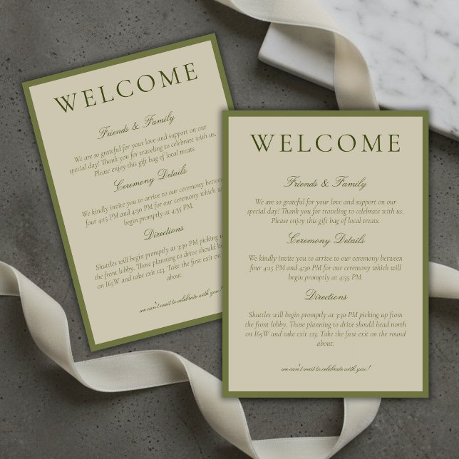 Elegante Tarjeta de Bienvenida de Boda Minimalista (Elegant Sage Green Minimalist Wedding Welcome Program)