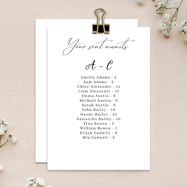 Elegante tarjeta de Boda alfabético (Convenient and organized wedding seating chart with alphabetical name arrangement.)