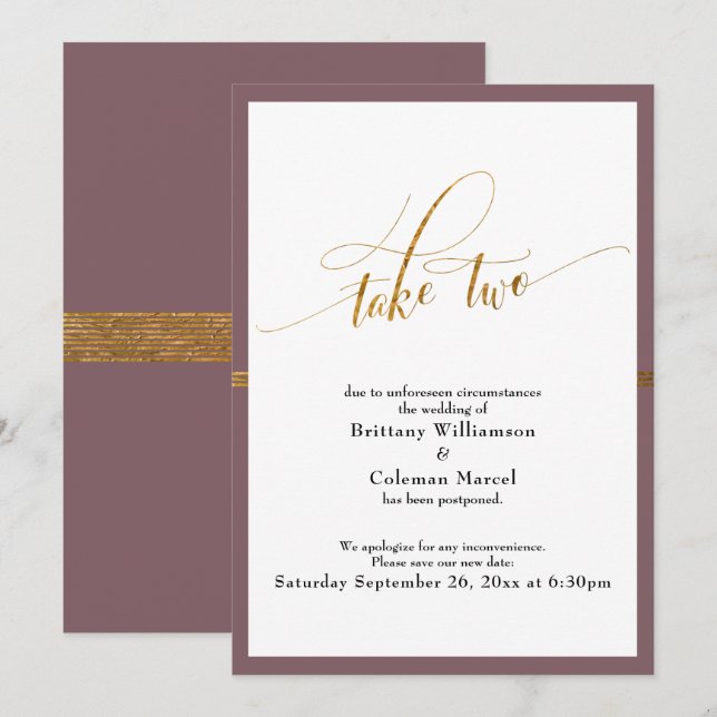 Elegante Tarjeta de Boda Aplazada con Raya Malva y (Anverso / Reverso)