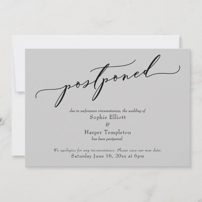 Elegante Tarjeta de Boda Aplazada Simple Gris Clar (Anverso)