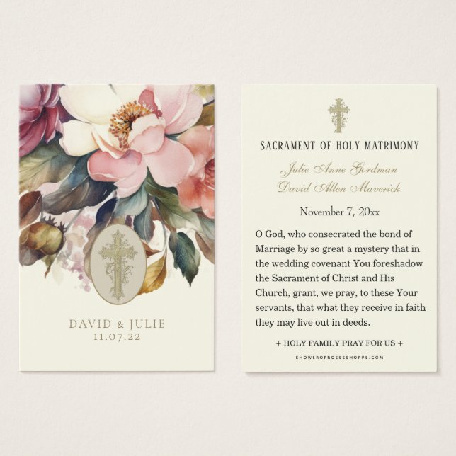 Elegante tarjeta de Boda católica floral (Anverso y reverso)