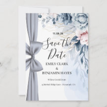 Elegante Tarjeta de Boda con Lazo Azul Polvoriento