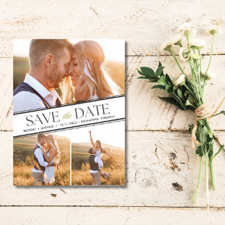 Elegante tarjeta de boda de 3 fotos para guardar l