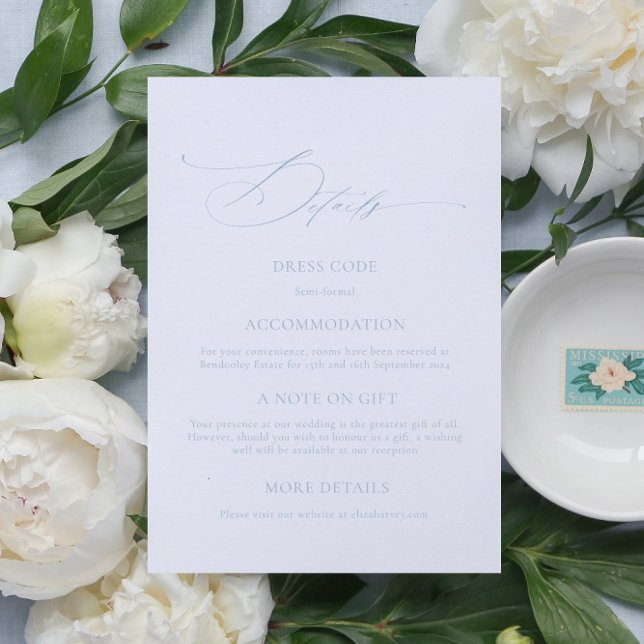 Elegante tarjeta de Boda de caligrafía azul turque (dusty blue wedding details card, elegant wedding enclosure card, dainty wedding calligraphy)
