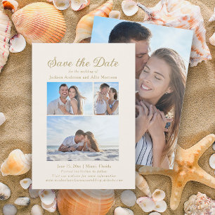 Elegante Tarjeta de Boda de Color Crema con 4 Foto